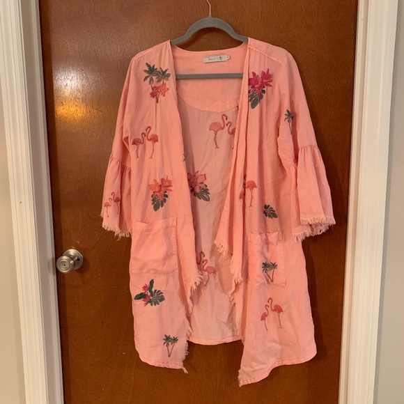Flamingo Embroidered Chambray Kimono - Picture 3 of 5